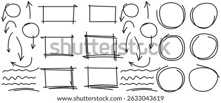 Set of doodle hand drawn highlight, arrows, text underline strokes and marks. Collection of sketch elements of circles, ellipses, rectangles, squares, ovals marks. Brush doodle shape for message notes