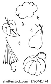 Set of doodle hand drawn ink outline cute illustrations. Autumn seasonal linear elements of cloud, rain drops, pear, umbrella, aspen leaf, pumpkin. Black isolated  silhouettes, white backdrop. Vector