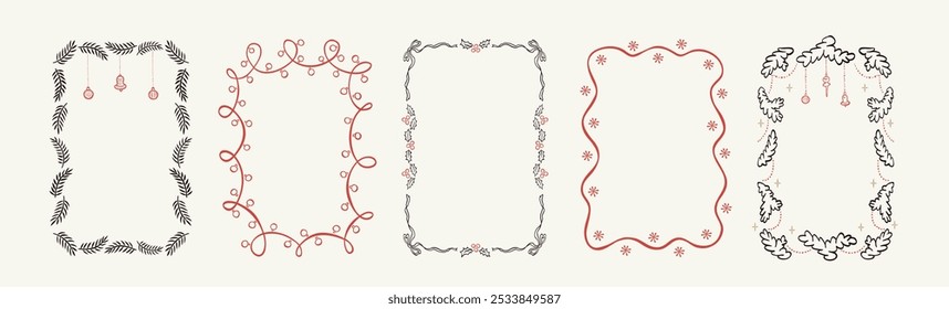 Set of doodle hand drawn ink Xmas frames with christmas tree, snowflakes, ribbon and bows, christmas lights garlands. Minimalist line art. Trendy borders for holiday poster, invitation, greeting card.