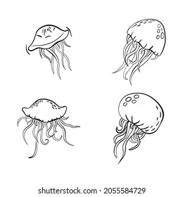 Set of doodle hand drawn jelly fishes.  underwater inhabitants