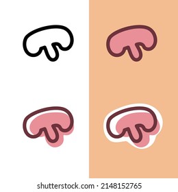 Set handgezeichnete, doodle Pilzsymbole auf weißem und rosafarbenem Hintergrund für Web, Aufkleber und Design