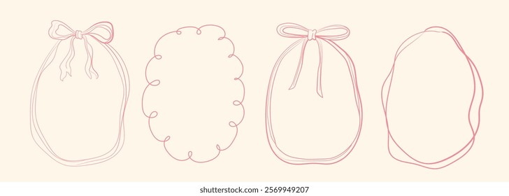 Set of  doodle hand drawn oval frames with wavy lines, bows and ribbons. Minimalist cute line art. Modern whimsical borders for wedding invitations, birthday cards, lunch, holiday illustration	
