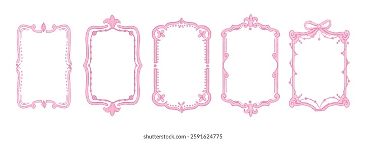 Set of doodle hand drawn pink frames with watercolor. floral, bows and ribbon. Minimalist cute line art. Modern whimsical borders for wedding invitations, birthday cards, lunch, holiday illustration	
