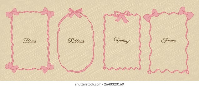 Set doodle hand drawn pink red ribbons and bow frame collection. Trendy retro vintage whimsical coquette style for wedding invitations, birthday card, prints. Minimalist simple cute design vector.