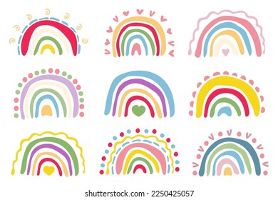 Conjunto de garabatos, arcos dibujados a mano. Colección de dibujos animados de estilo colorido aislados en fondo blanco. Diseñar el lindo bebé, estilo bocetos. Fondo de escritorio. Ilustración vectorial.