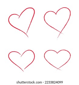 Set doodle hand drawn red hearts isolated on white background. Vector design elements for Valentine's day and wedding card