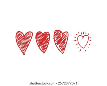 Set doodle hand drawn red hearts isolated on white background. Vector design elements for Valentine's day and wedding card.