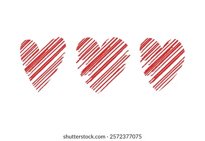 Set doodle hand drawn red hearts isolated on white background. Vector design elements for Valentine's day and wedding card.