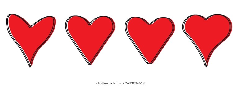 Conjunto de doodle dibujado a mano corazón rojo, símbolo de amor colección. Icono del corazón del garabato. Corazones de San Valentín. Ilustración vectorial. 