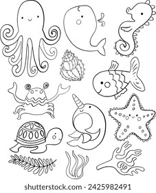 Set with doodle hand drawn sea life elements. Sea animals
