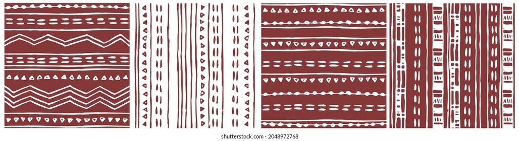 Conjunto de antecedentes de patrones sin fisuras dibujados a mano con doodle con elementos abstractos: líneas, puntos, triángulos. Invierno rojo blanco otoño Feliz Navidad y Feliz Año Nuevo