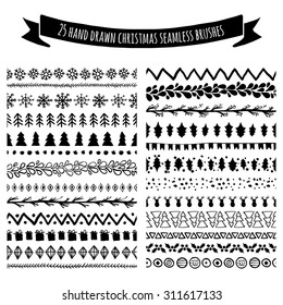 Set of doodle hand drawn seamless brushes, borders, dividers isolated on white background. Christmas, New Year holiday decor elements. Tribal trendy pattern. All brushes are included in brush palette.