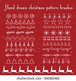 Set of doodle hand drawn seamless brushes, borders. Christmas, New Year holiday decor elements. Scrapbook decorations. All brushes are included in brush palette.