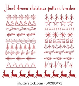 Set of doodle hand drawn seamless brushes, borders. Christmas, New Year holiday decor elements. Scrapbook decorations. All brushes are included in brush palette.