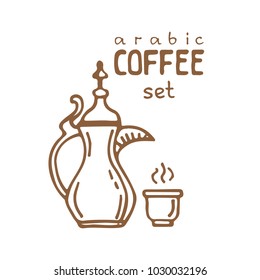 Set of doodle hand drawn sketches isolated on white background. Traditional arabic coffee mug and coffee cup. Design elements for cafe menu, fliers and chalkboards.