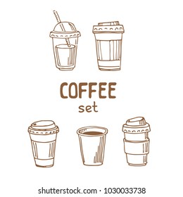 Set of doodle hand drawn sketches isolated on white background. Coffee to go collection. Design elements for cafe menu, fliers and chalkboards.