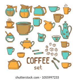 Set of doodle hand drawn sketches, ingredients and devices for coffee making isolated on white background. Design elements for cafe menu or coffee shop.