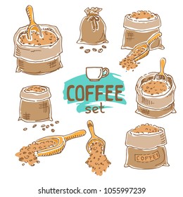 Set of doodle hand drawn sketches, coffee sack and wooden scoop isolated on white background. Design elements for cafe menu, fliers and chalkboards.