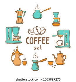 Set of doodle hand drawn sketches isolated on white background. Filter coffee pots and coffeemakers. Design elements for cafe menu, fliers and chalkboards.