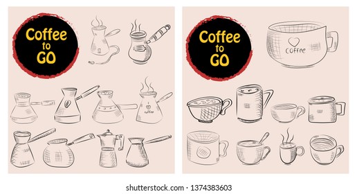 Set of doodle hand drawn sketches isolated on chalkboard background. Design elements for cafe menu or coffee shop.
