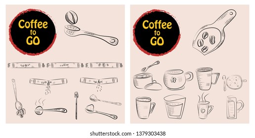 Set of doodle hand drawn sketches isolated on chalkboard background. Design elements for cafe menu or coffee shop.