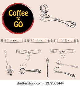 Set of doodle hand drawn sketches isolated on chalkboard background. Design elements for cafe menu or coffee shop.