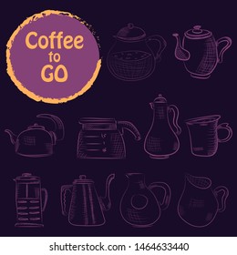 Set of doodle hand drawn sketches isolated on chalkboard background. Design elements for cafe menu or coffee shop.