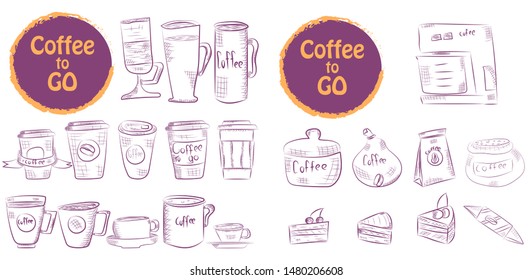 Set of doodle hand drawn sketches isolated on chalkboard background. Design elements for cafe menu or coffee shop.