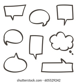 Set of doodle, hand drawn speech bubbles set isolated on white background.
