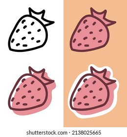 Conjunto de íconos de fresa dibujados a mano de doodle sobre los colores blanco y rosa en el fondo de melocotón para la web, pegatinas y diseño