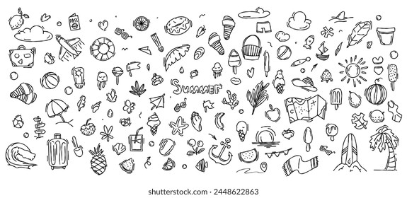 Set of doodle hand drawn summer, beach party, vacation and travel doodle elements. Summer doodle elements. Summer and rest, vector graphics of summer rest, travel
