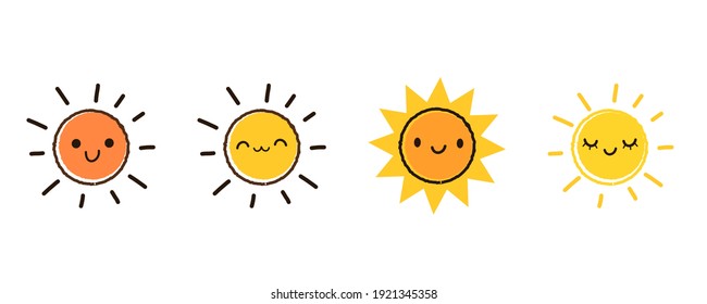 Set of doodle hand drawn sun icons on white background vector illustration. Cute cartoon character.