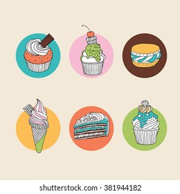 Set of doodle hand drawn sweets icons 