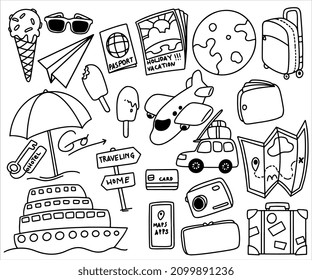 Set of doodle hand drawn traveling equipment stuff collection isolated on white background.