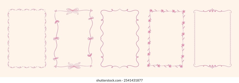 Set of doodle hand drawn trendy frames with wavy lines, bows and ribbons. Minimalist cute line art. Modern whimsical borders for wedding invitations, birthday cards, lunch, holiday llustration