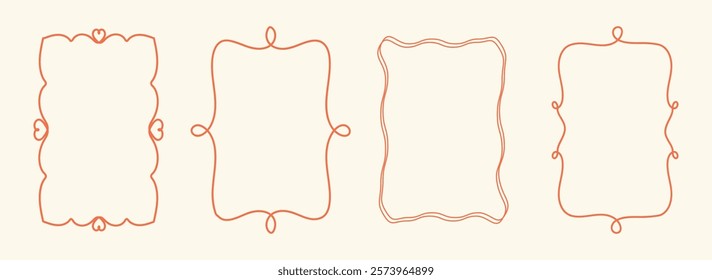 Set of doodle hand drawn trendy frames with wavy lines. Minimalist line art. Modern whimsical borders for wedding invitations, lunch menus. Vector illustration.