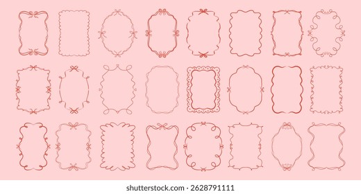 Set of doodle hand drawn trendy coquette frames with bows, ribbon and wavy lines. Vintage whimsical borders. Modern vector design template for wedding invitation, birthday card, print, holiday poster.