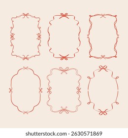 Set of doodle hand drawn trendy coquette frames with bows, ribbons and wavy lines. Vintage whimsical borders. Modern design template for wedding invitation, birthday card, print, holiday poster.