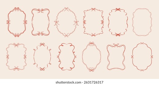 Set of doodle hand drawn trendy coquette frames with bows, ribbons. Minimalist vintage whimsical borders. Modern vector design template for wedding invitation, birthday card, print, holiday poster. 