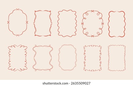 Set of doodle hand drawn trendy coquette frames with bows, ribbons. Minimalist vintage whimsical borders. Modern vector design template for wedding invitation, birthday card, print, holiday poster. 