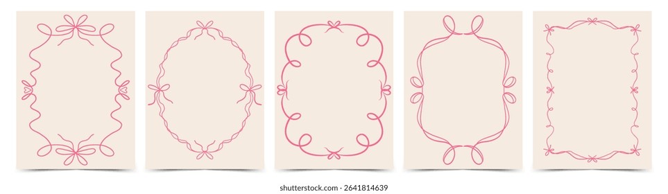 Set of doodle hand drawn trendy coquette frames with bows, ribbons. Minimalist vintage whimsical borders. Modern vector design template for wedding invitation, birthday card, print, holiday poster. 