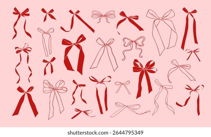 Set of doodle hand drawn trendy coquette red bows and ribbons. Whimsical minimalist vintage vector illustration for holiday poster, greeting cards, wedding invitations, branding