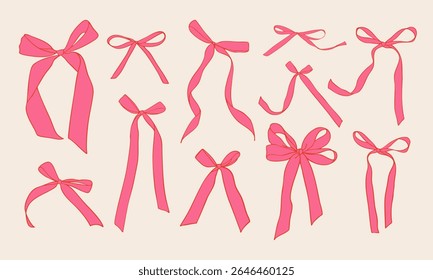 Set of doodle hand drawn trendy coquette red bows and ribbons. Whimsical minimalist vintage vector illustration for holiday poster, greeting cards, wedding invitations, branding