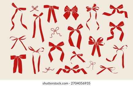 Set of doodle hand drawn trendy coquette red bows and ribbons. Whimsical minimalist vintage vector illustration for holiday poster, greeting card, wedding invitation