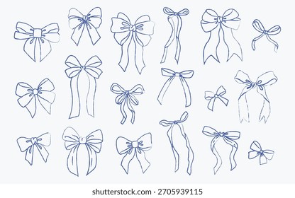 Set of doodle hand drawn trendy coquette blue bows and ribbons. Whimsical minimalist vintage vector illustration for holiday poster, greeting cards, wedding invitations, branding