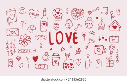 set of doodle hand drawn valentine's day, hearts, ring, key, coffe, chocolate, flower, balon, bottle and other elements of love and romantic, ideal for your design isolate on pink background., pattern