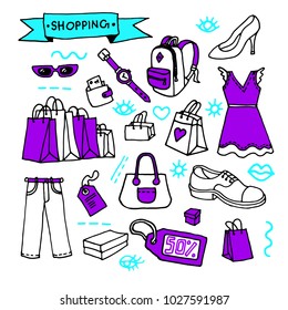 Set of doodle hand drawn vector shopping elements. Shopping bags, boxes, wallet, dress, handbag, shoes etc. 