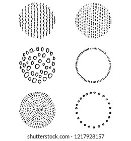 set of doodle, hand drawn vector round frames, black and white, monochrome design with waves, circles and dots