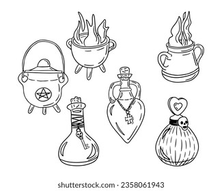 Set of doodle hand drawn witch potion and cauldron. Minimalistic sketch design for Halloween. Black sketch witches elements on white background. Ideal for coloring pages, stickers, tatoo.