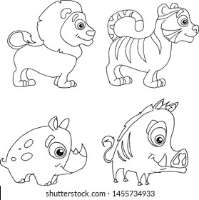 set of doodle hand-drawn african animals lion, tiger, boar, rhino